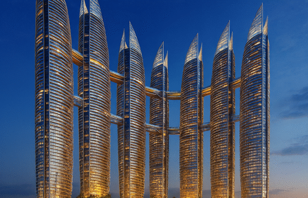 Nine futuristic sail-shaped towers of The Sail Malacca Malaysia illuminated at twilight, reflecting on calm waterfront with yachts and palm-lined promenade.